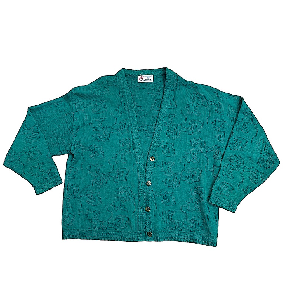 Isle of Cotton Green Textured Cardigan V-Neck Size Medium